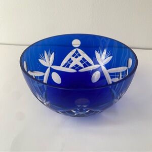 Vintage Cobalt Blue Cut-to-Clear Glass Bowl, 4.5 Inch Diameter